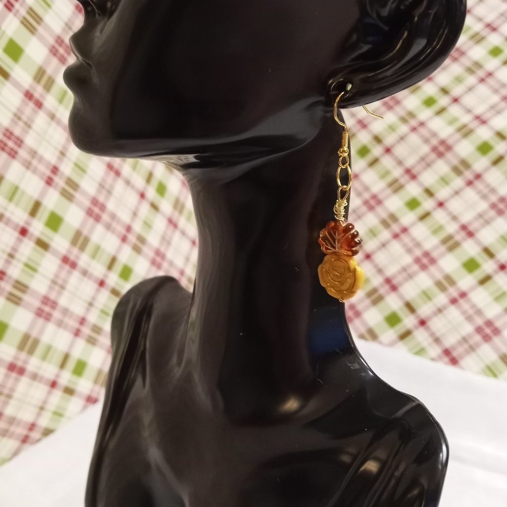Steel Handmade Hand Crafted Leaf & Rose Beaded Dangle Earrings #55 - Picture 2 of 14
